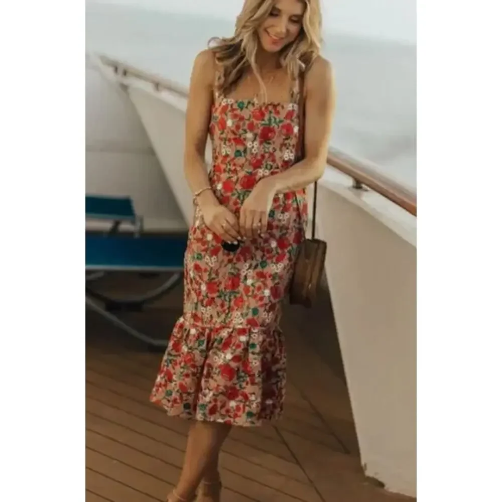 Lovers + Friends Under the Stars Midi Dress Floral Lace Ruffle Cottagecore Nude - Picture 14 of 15